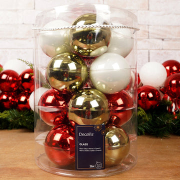 Glass Red Gold White Ball Ornament Set of 16