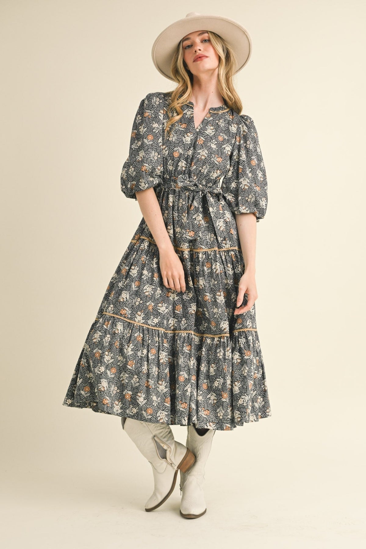BUBBLE SLEEVE LACE TRIM MIDI DRESS