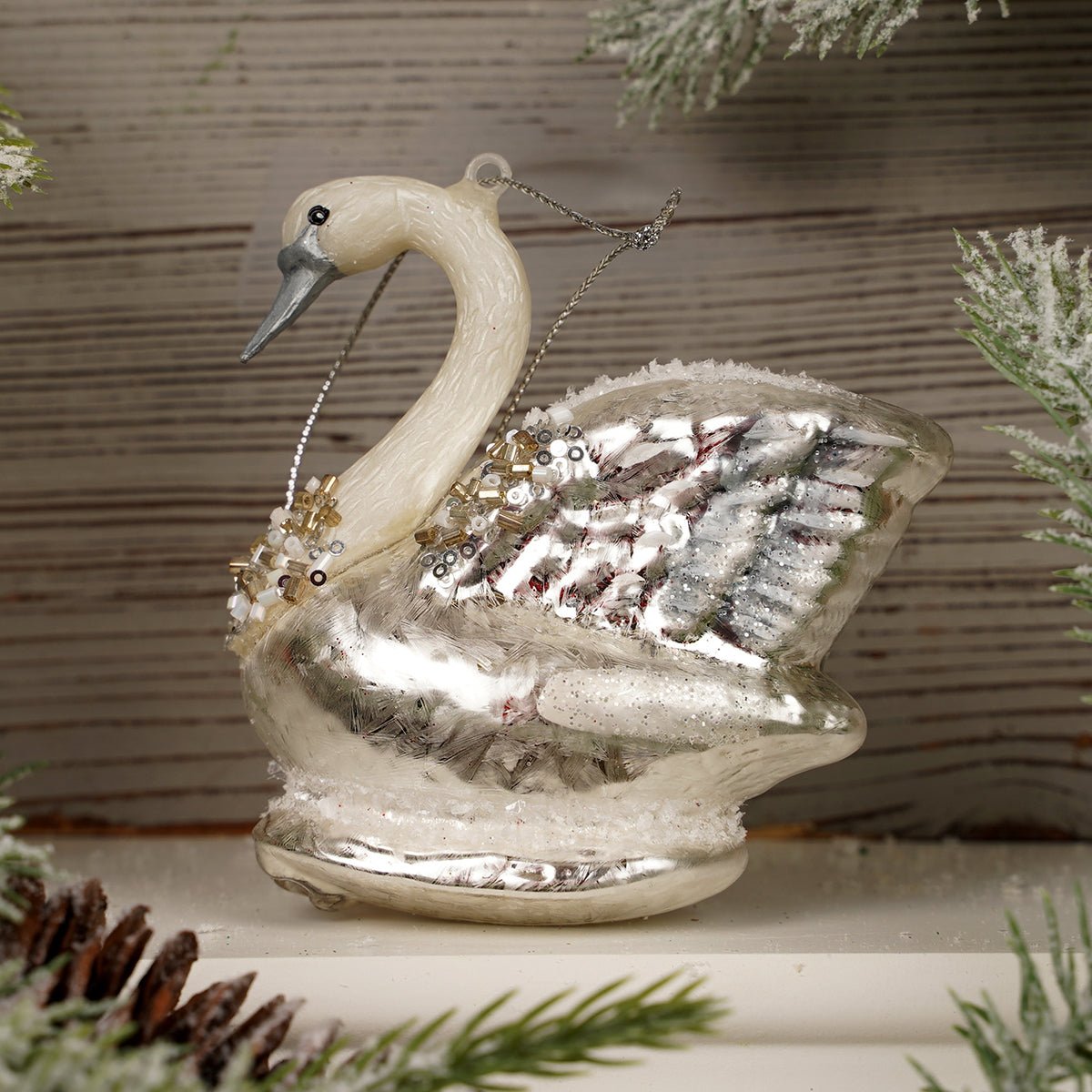 Glass and Silver Swan Christmas Ornament