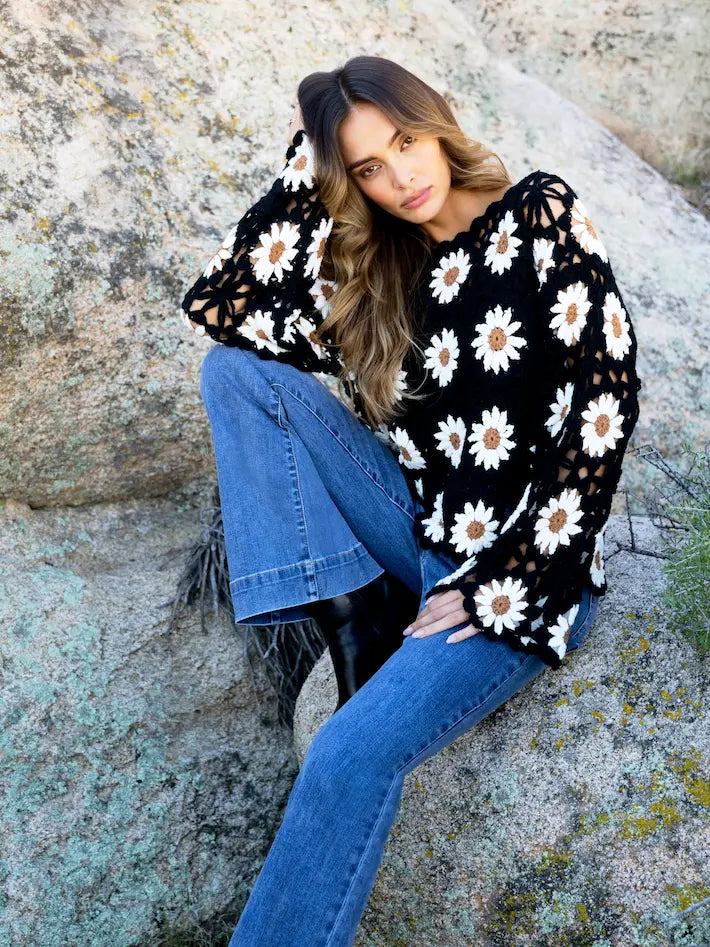 Floral Hand-Crochet Sweater - Black