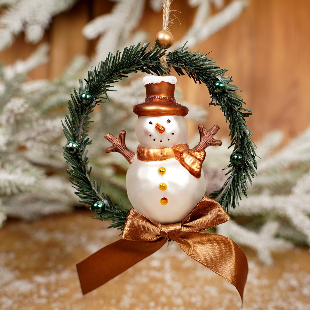 Glass Snowman In Green Wreath Ornament