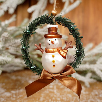 Glass Snowman In Green Wreath Ornament