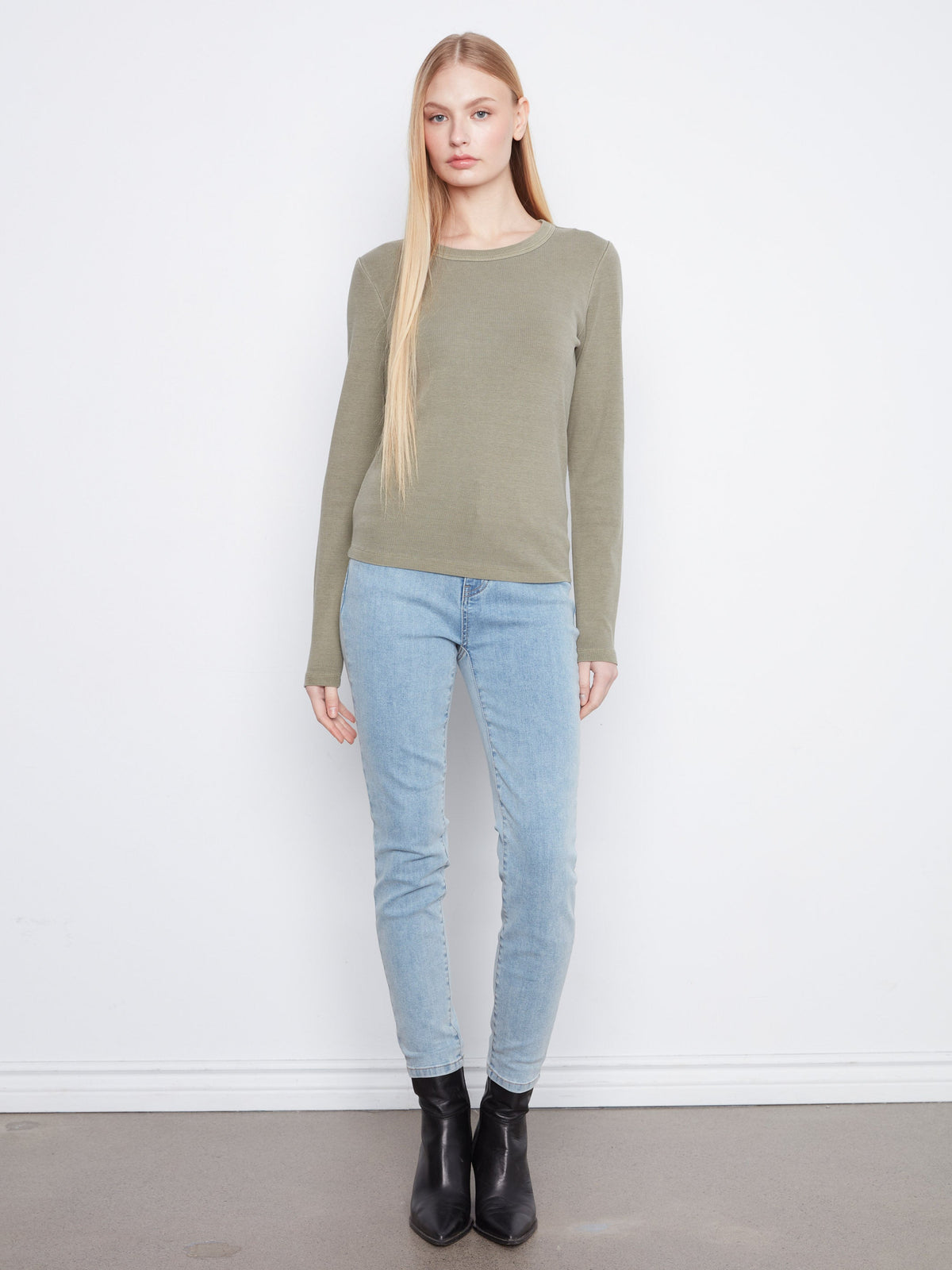 Cotton Blend Ribbed Long Sleeve Top - Verveine