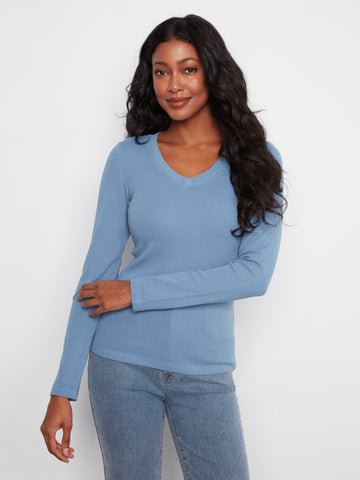 Cotton Blend Ribbed Long Sleeve V-Neck Top - Storm