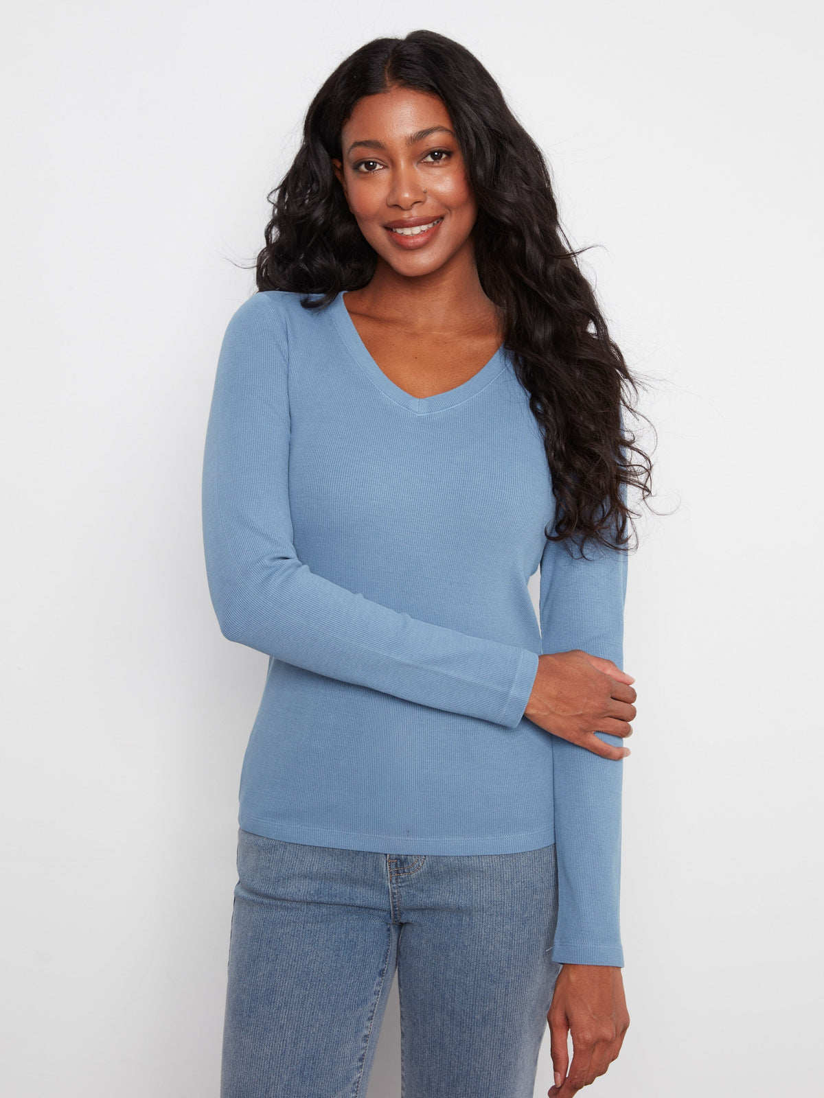 Cotton Blend Ribbed Long Sleeve V-Neck Top - Storm