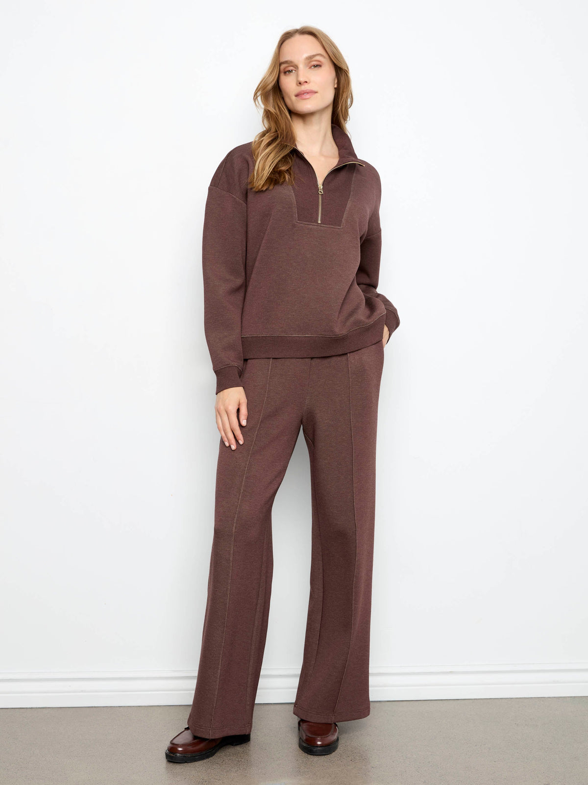 Soft Scuba Wide Leg Jogger Pants - Heather Espresso