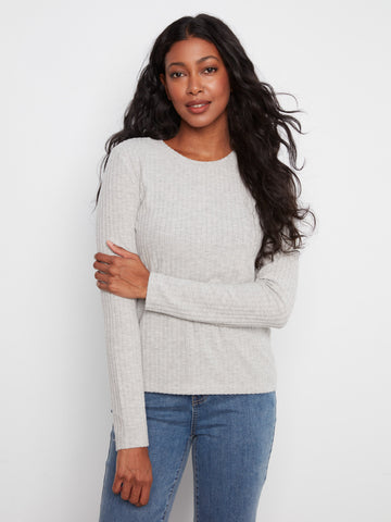 Brushed Ribbed Crew Neck Top - Heather Grey
