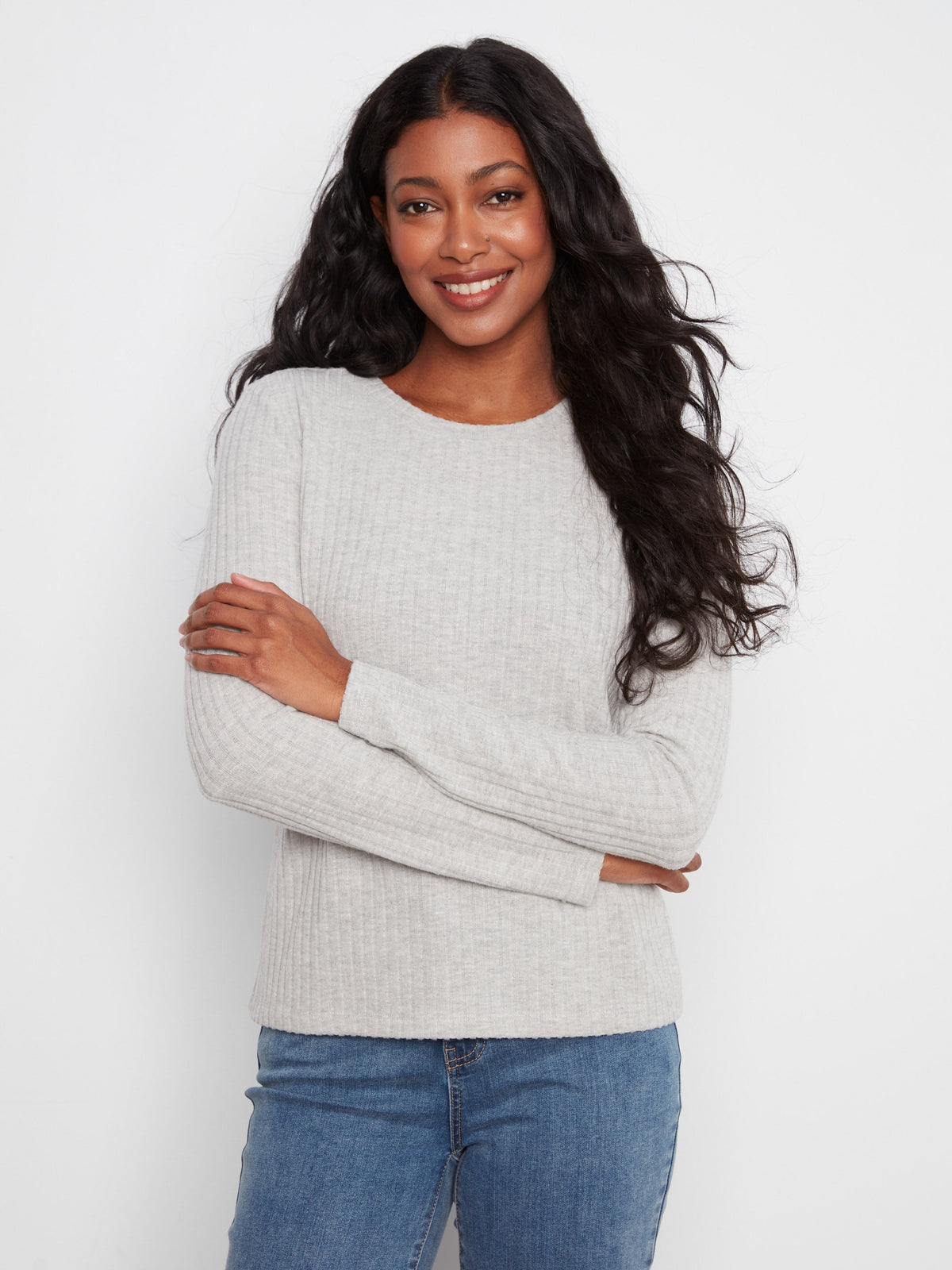 Brushed Ribbed Crew Neck Top - Heather Grey
