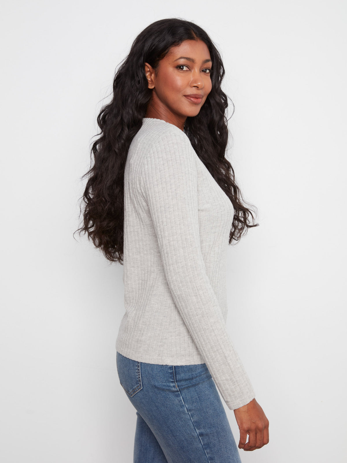 Brushed Ribbed Crew Neck Top - Heather Grey