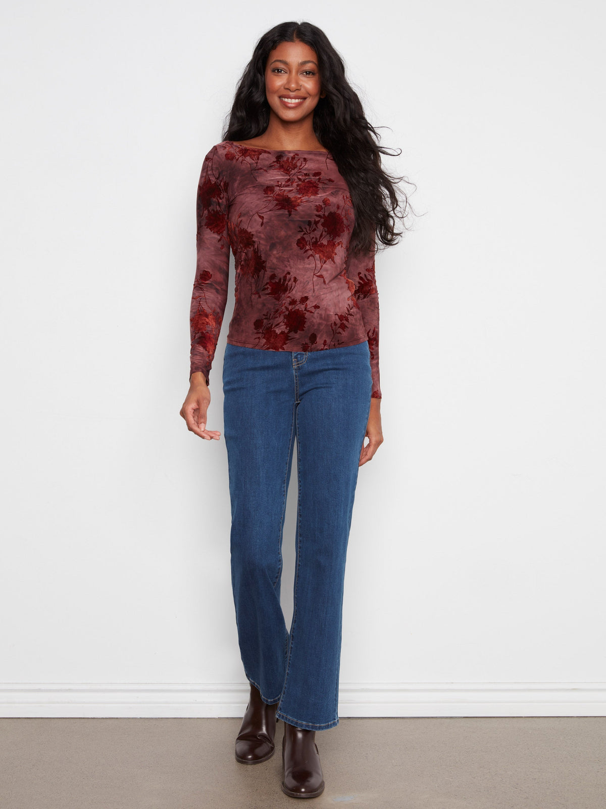Ruched Boat Neck Top - Merlot