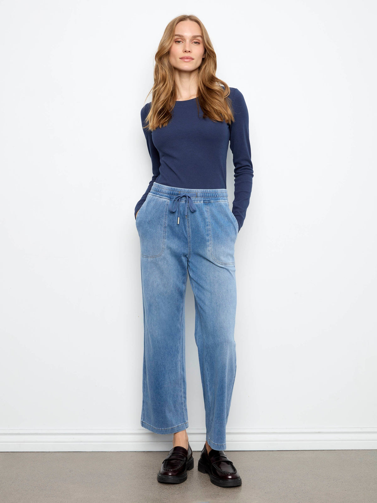 Cropped Knit Denim Wide Leg Jogger Pants - Medium Blue