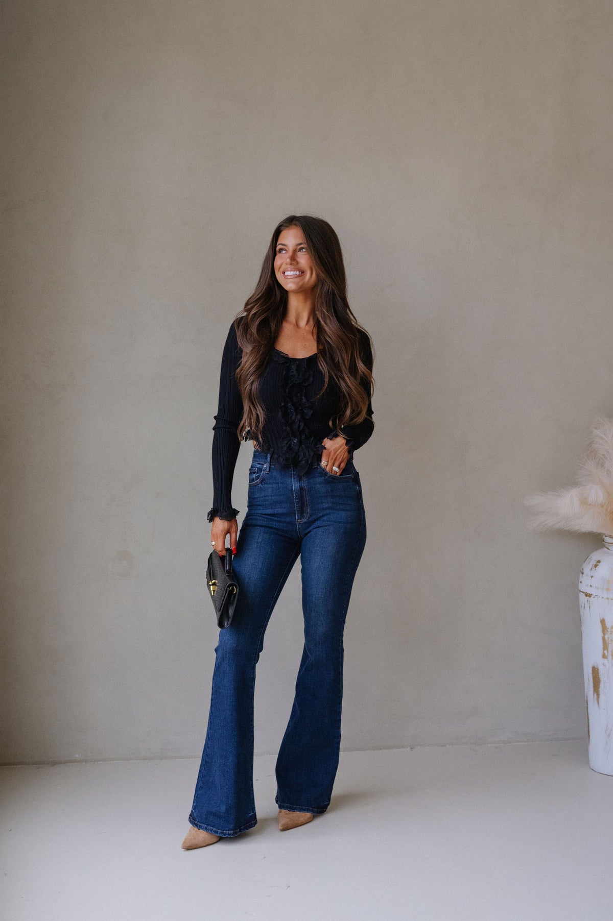 Lace Ruffled Sweater Top-Black