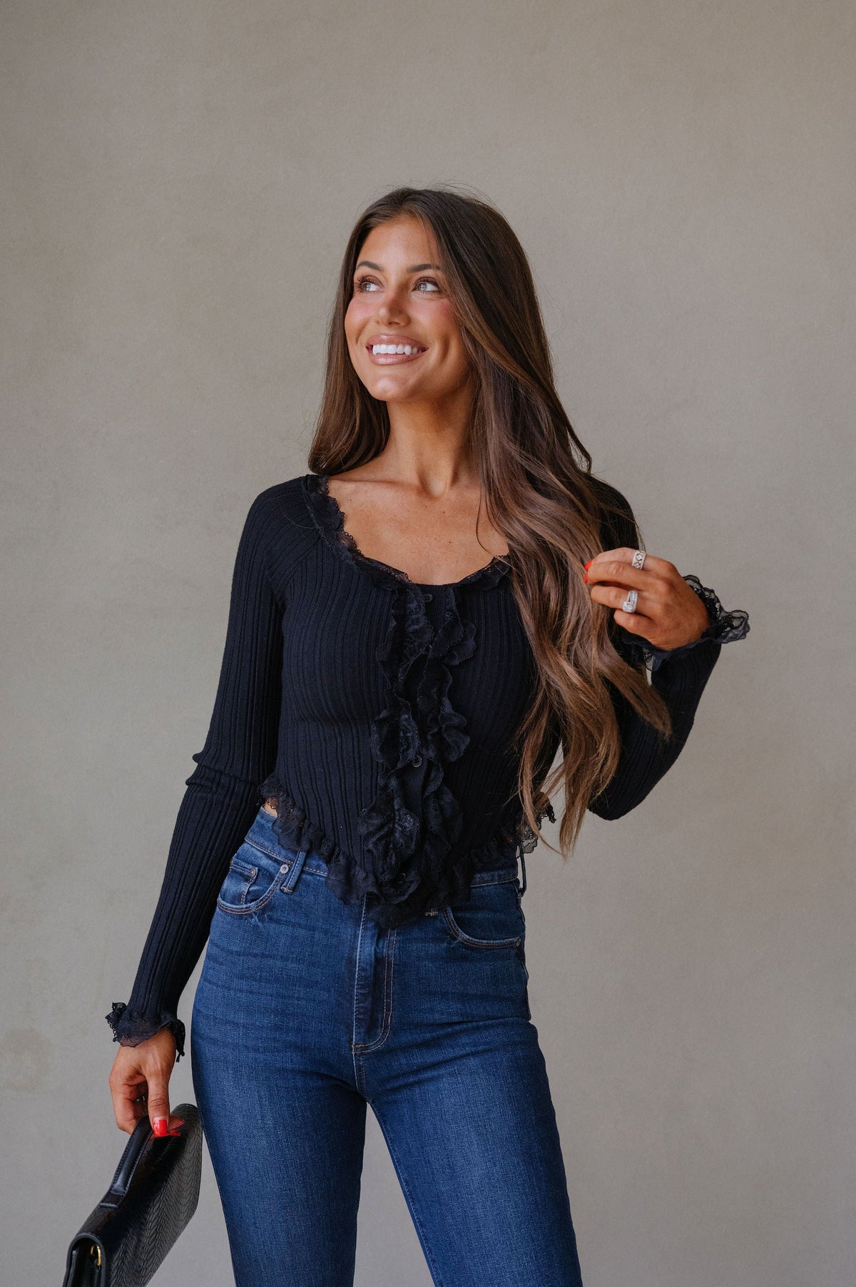 Lace Ruffled Sweater Top-Black