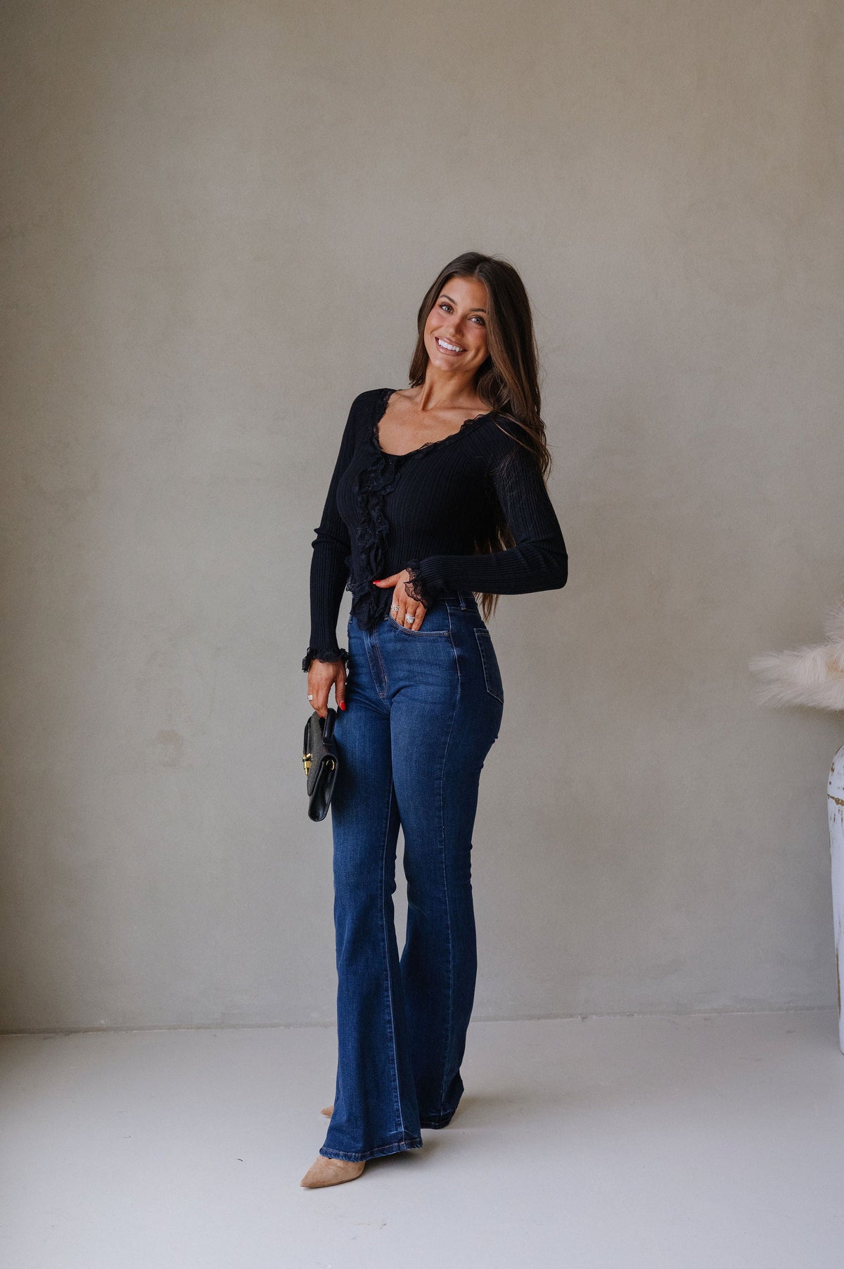 Lace Ruffled Sweater Top-Black