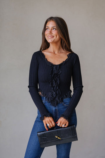 Lace Ruffled Sweater Top-Black