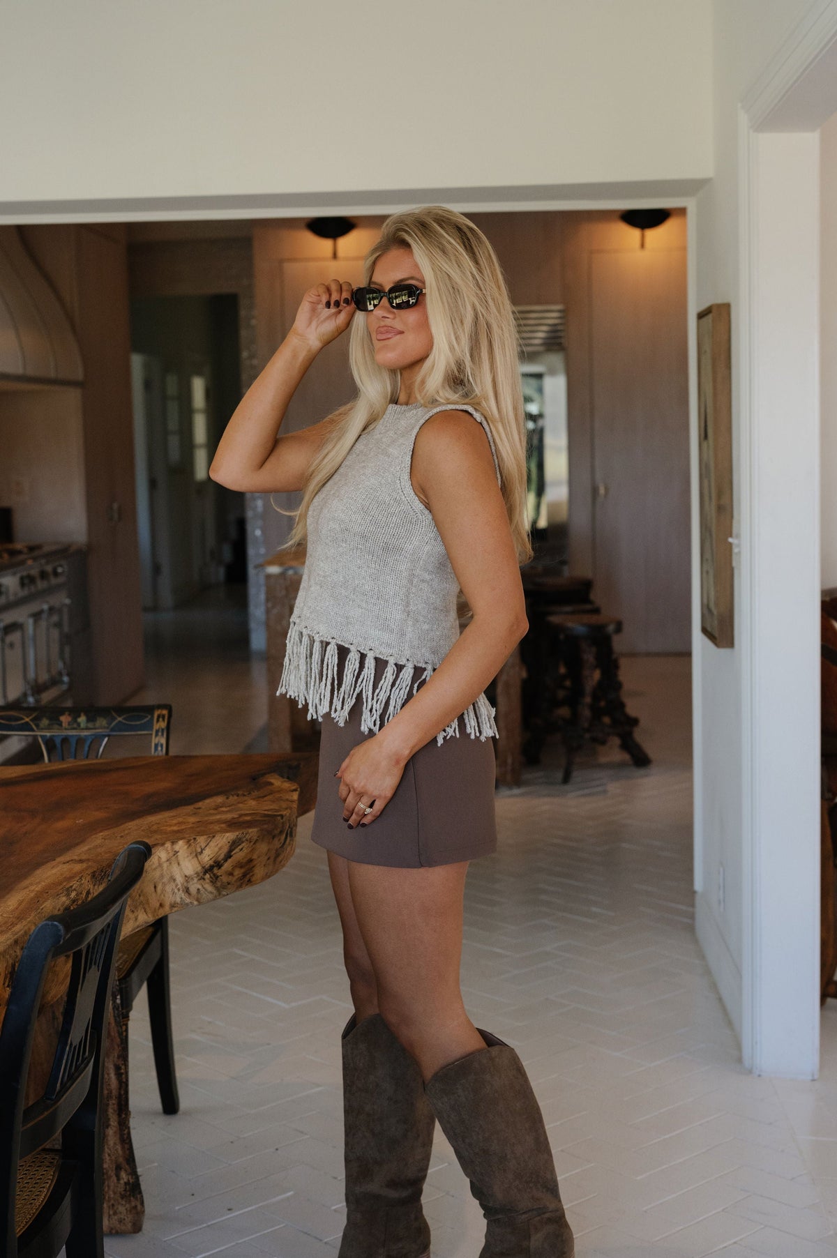 Fallon Fringe Vest-Taupe Grey