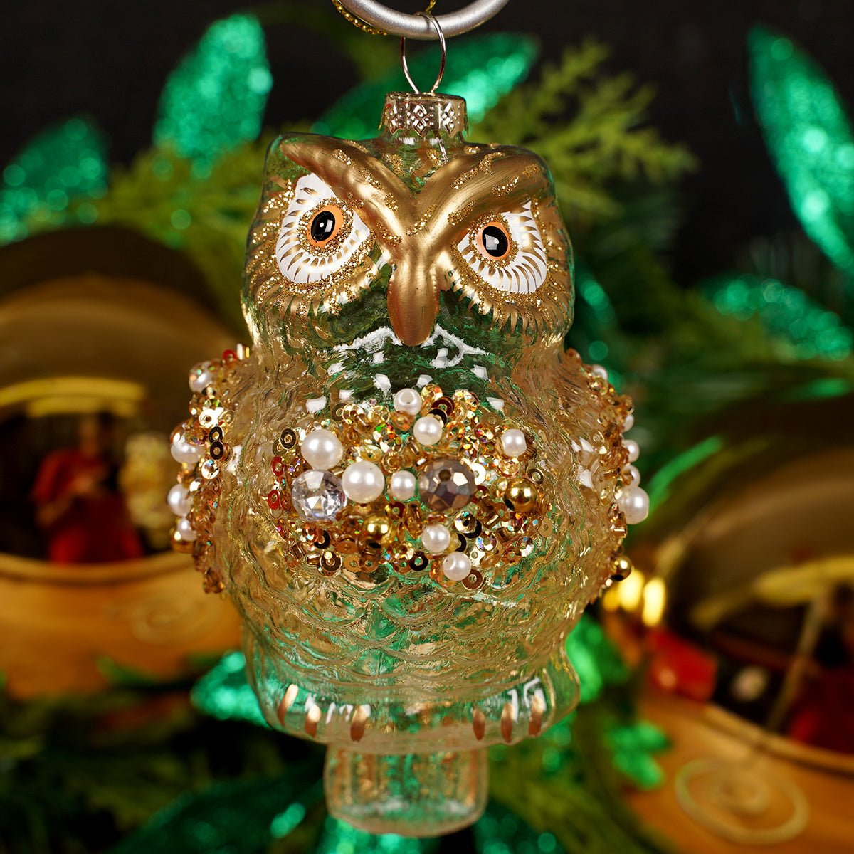 Glass Gold Owl Christmas Ornament