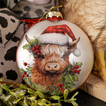 Glass Festive Highland Cow Disc Ornament