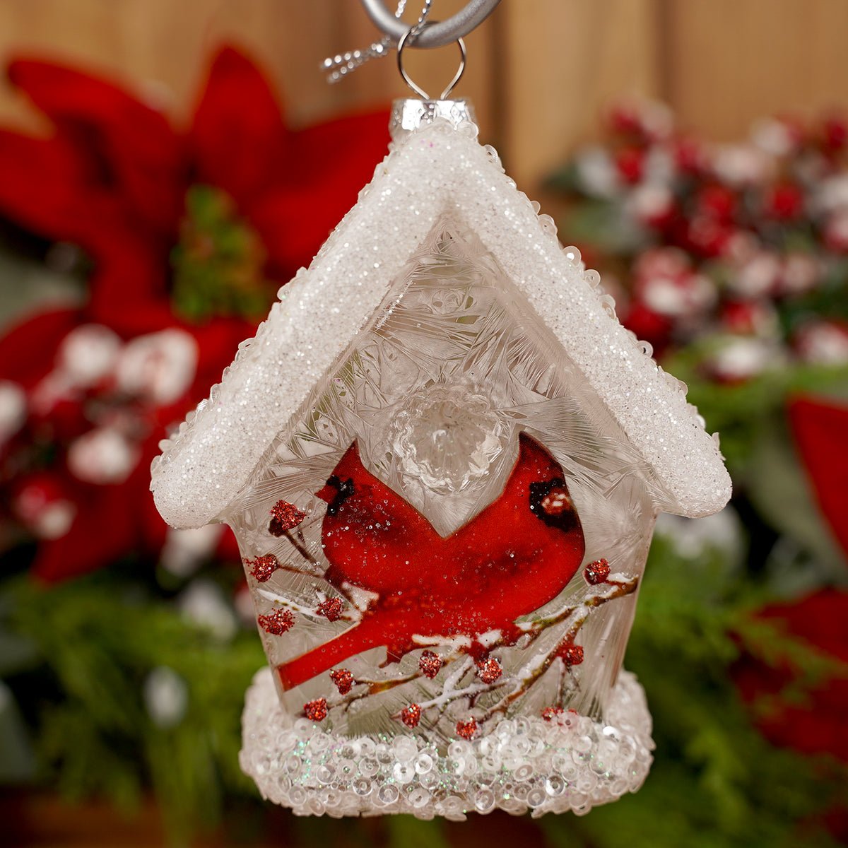 Glass White Cardinal Birdhouse Ornament