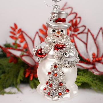 Glass Red Silver Snowman Ornament