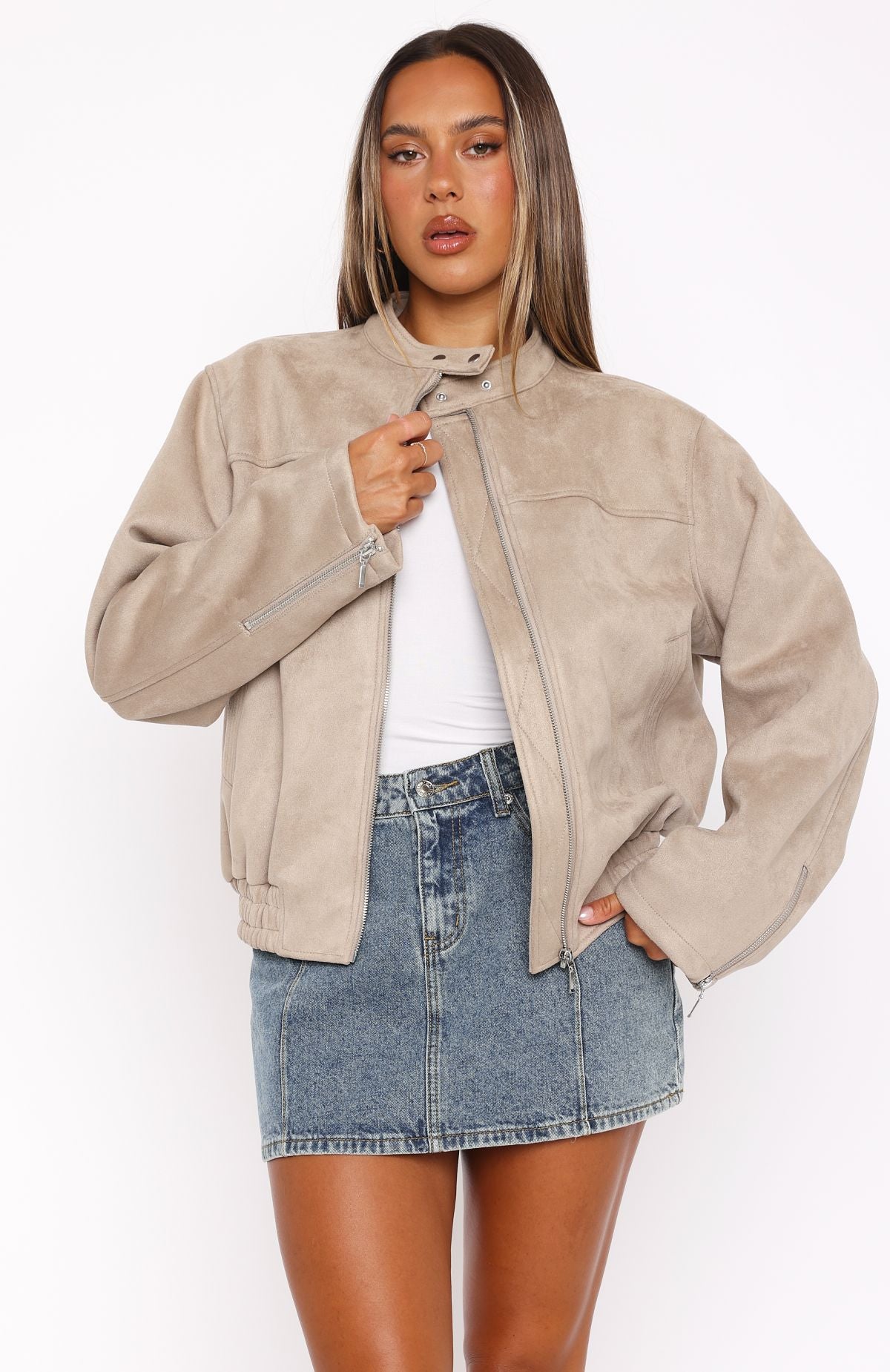 Watchin' Out Faux Suede Bomber Jacket Sand