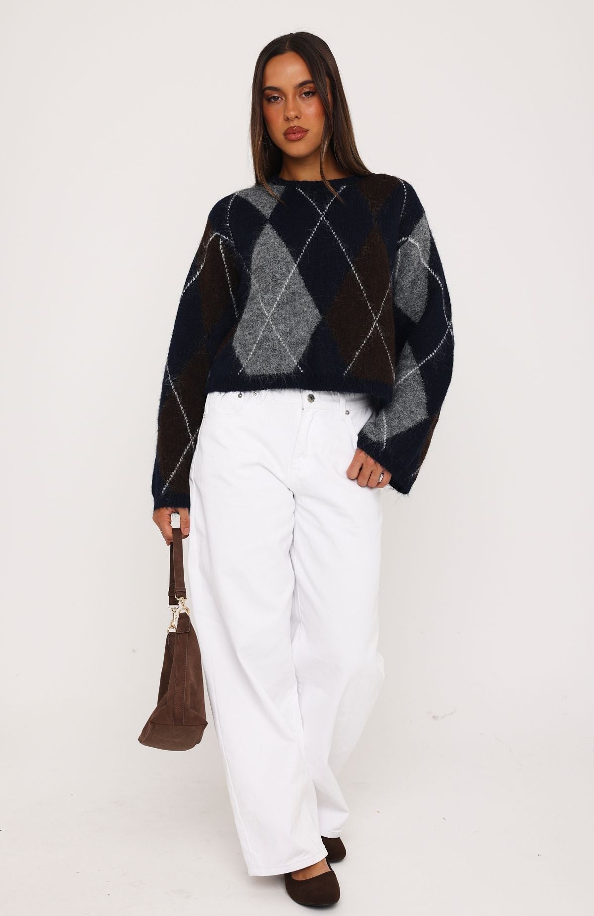 Rosy Glow Argyle Knit Sweater Navy