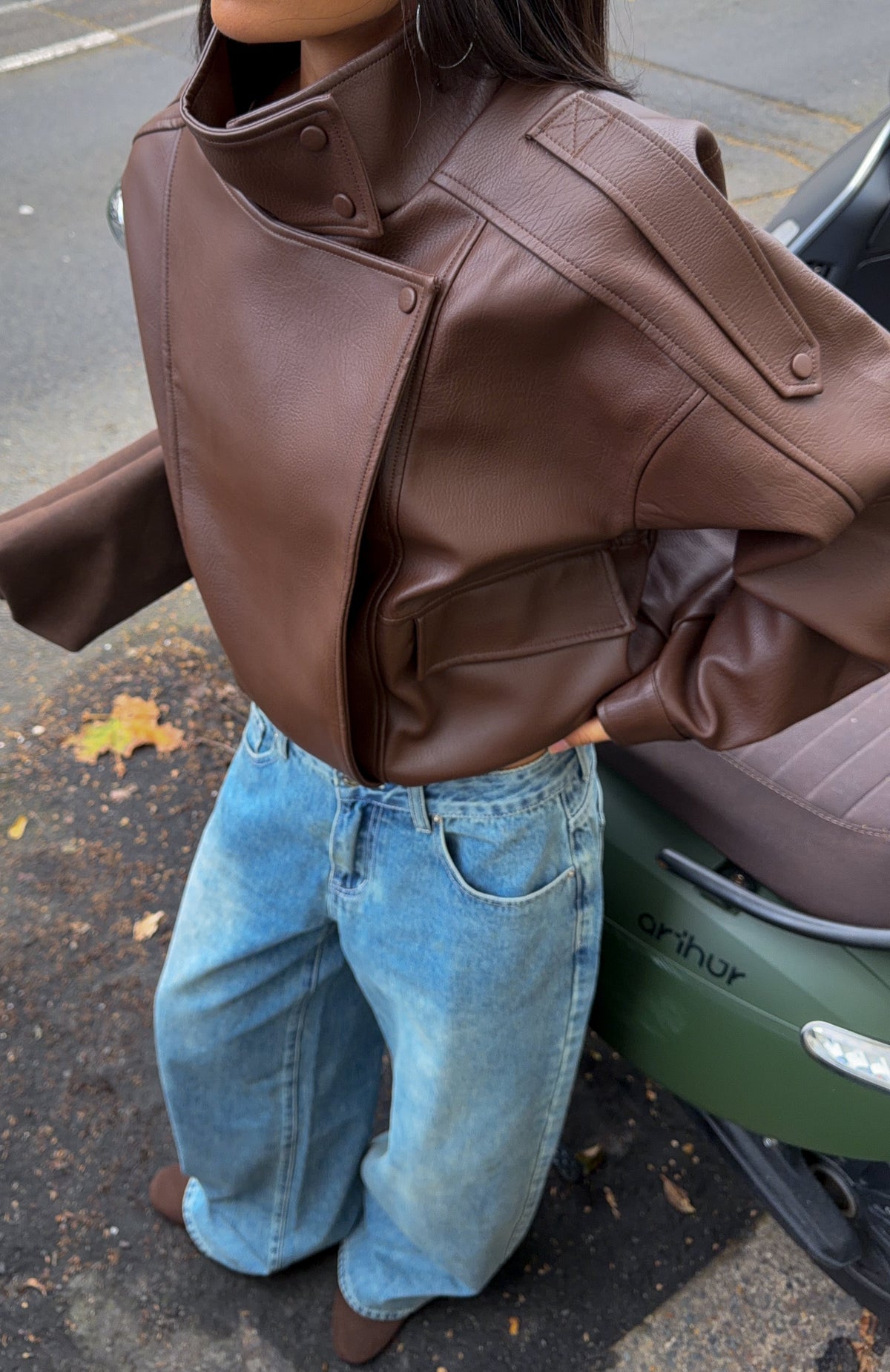 Arianna Funnel Neck Pu Jacket Chocolate