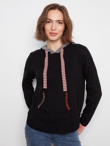 Contrast Detail Hooded Sweater - Black