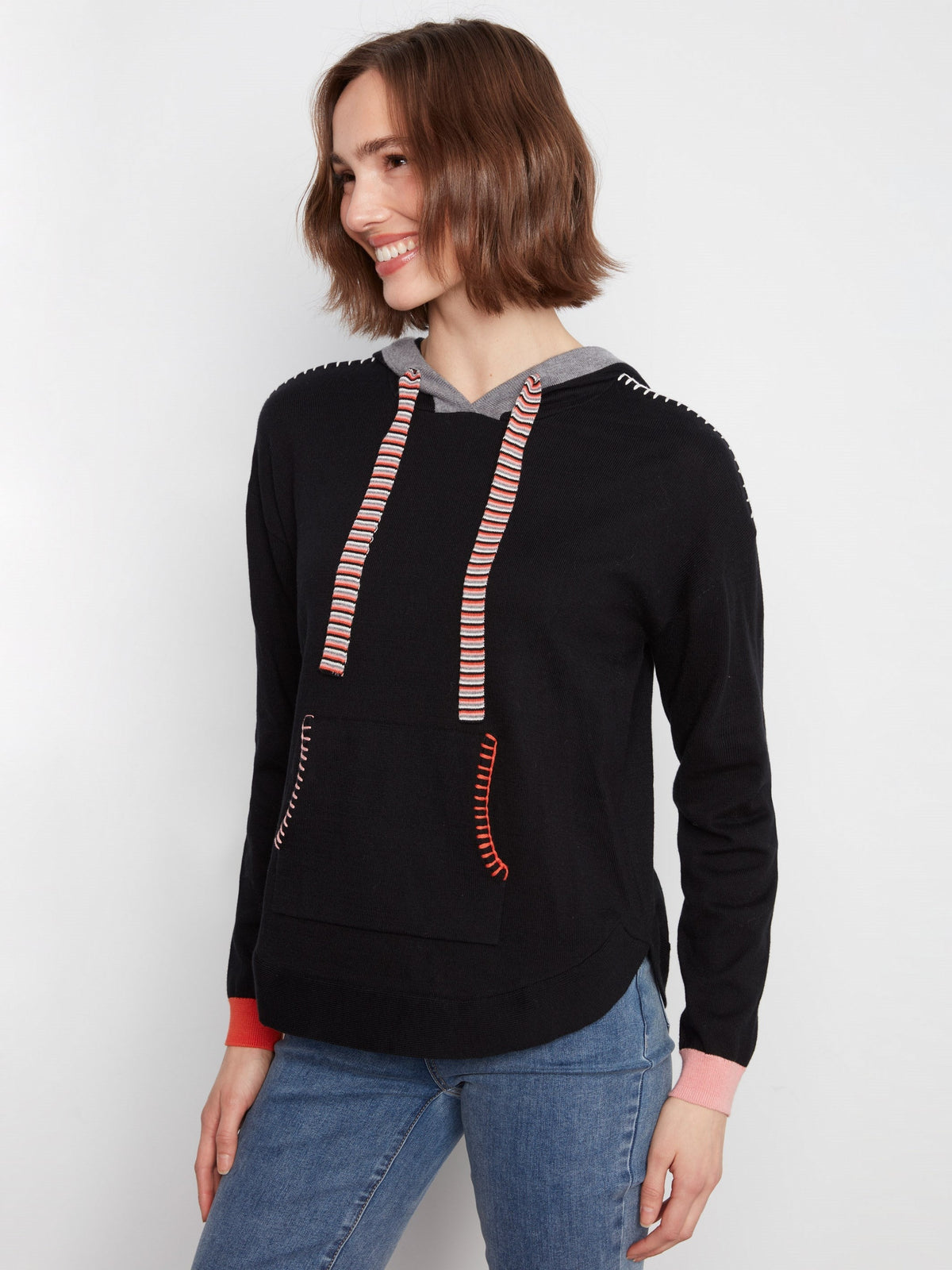 Contrast Detail Hooded Sweater - Black