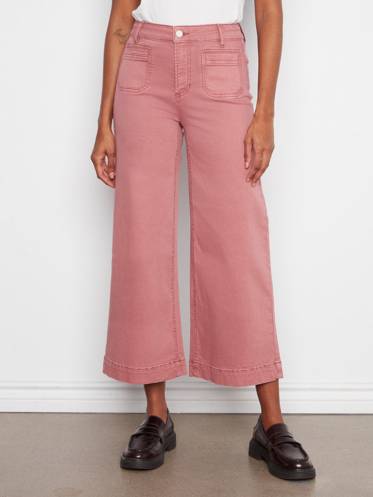 Cropped Patch Pocket Wide Leg Twill Pants - Rosebud