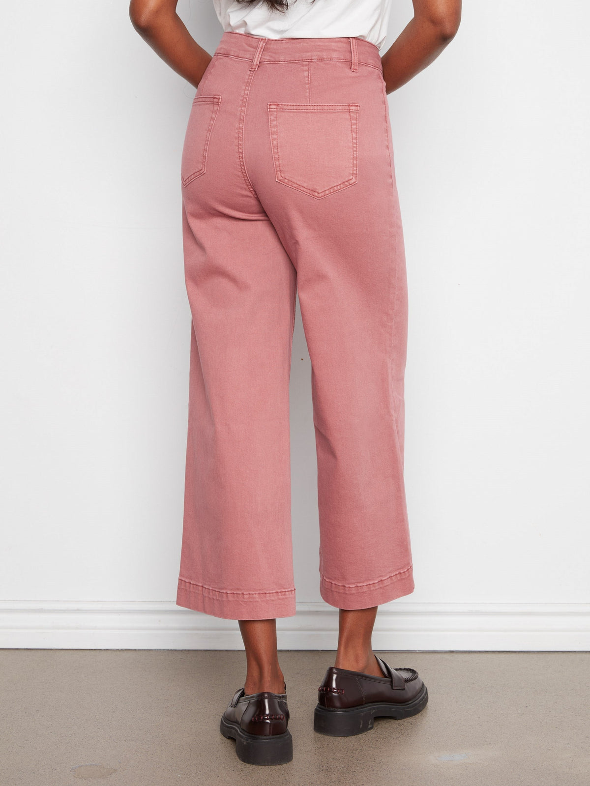 Cropped Patch Pocket Wide Leg Twill Pants - Rosebud
