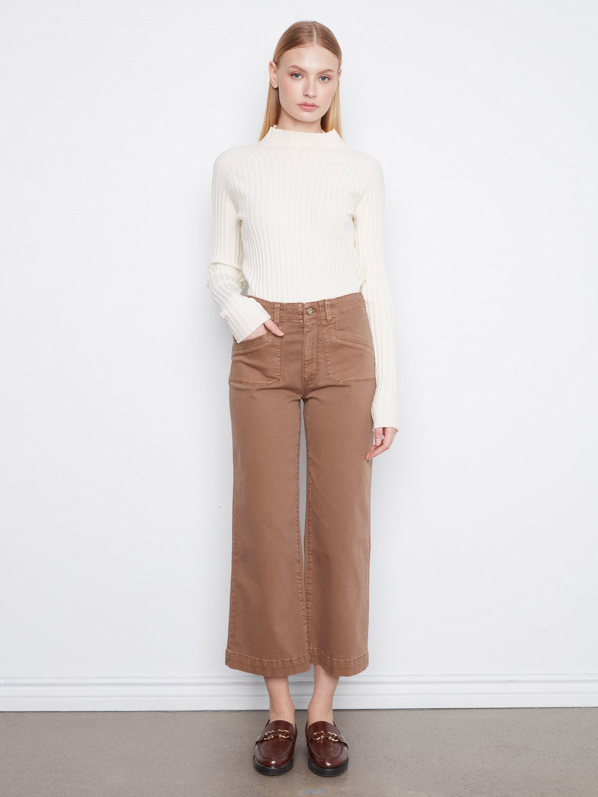 Cropped Wide Leg Stretch Twill Pants - Truffle