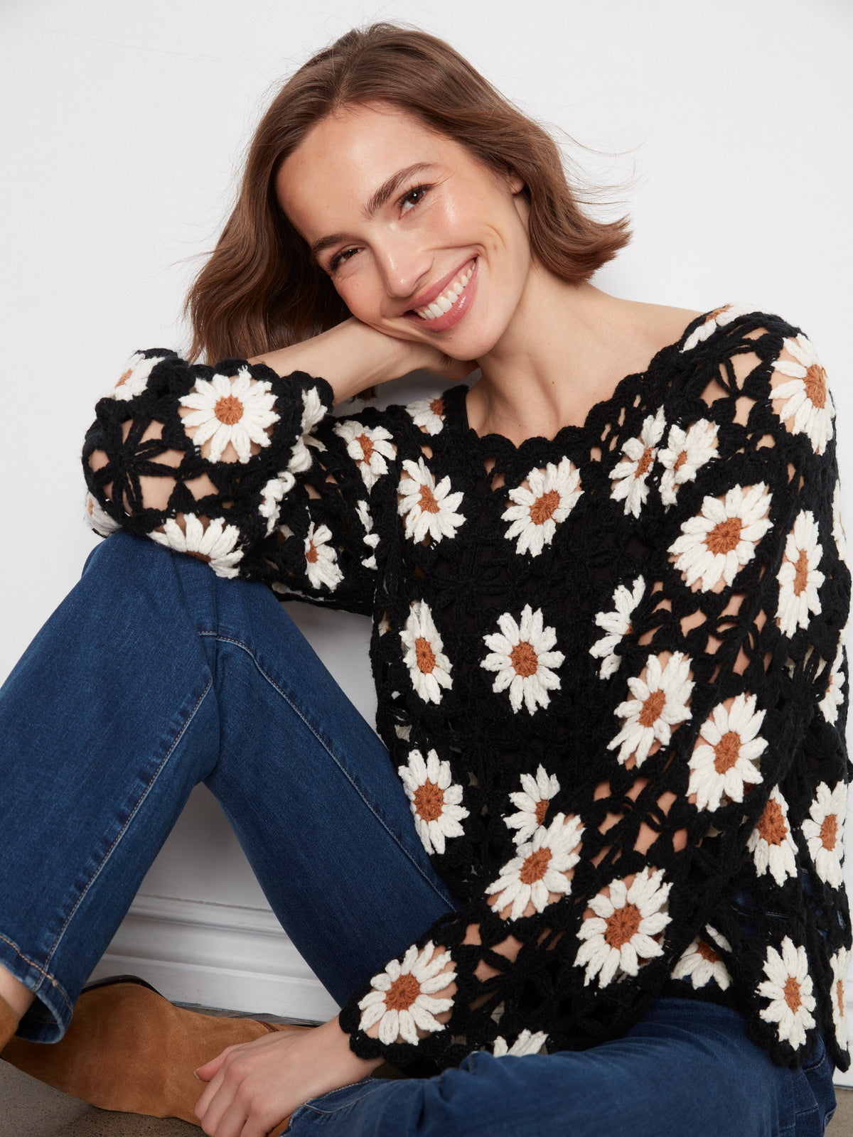 Floral Hand-Crochet Sweater - Black