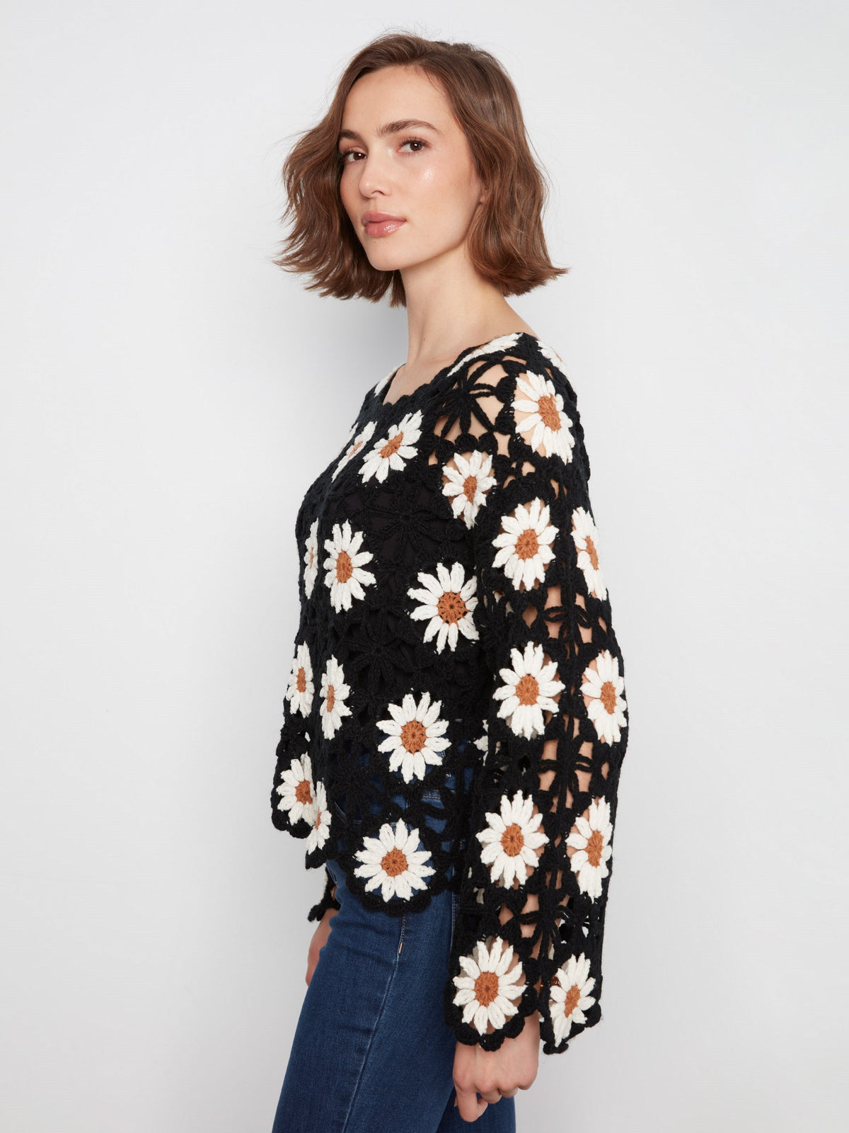 Floral Hand-Crochet Sweater - Black