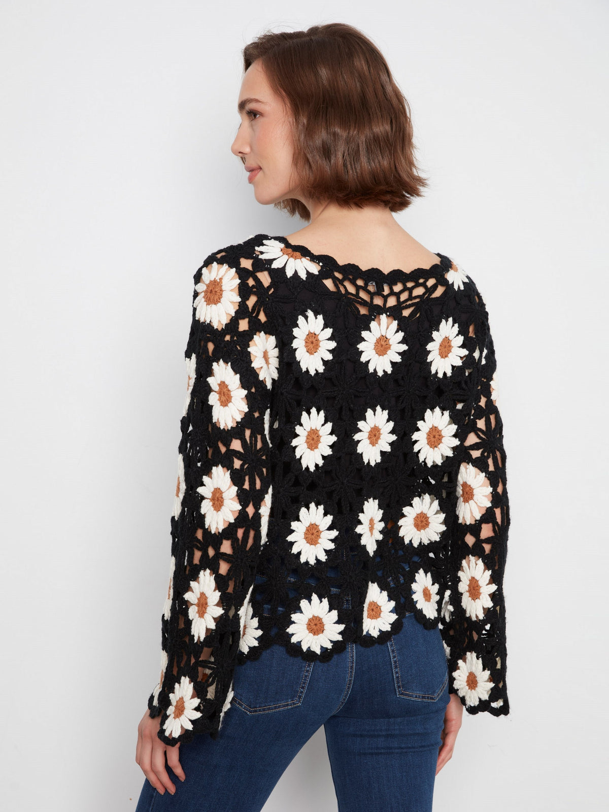 Floral Hand-Crochet Sweater - Black