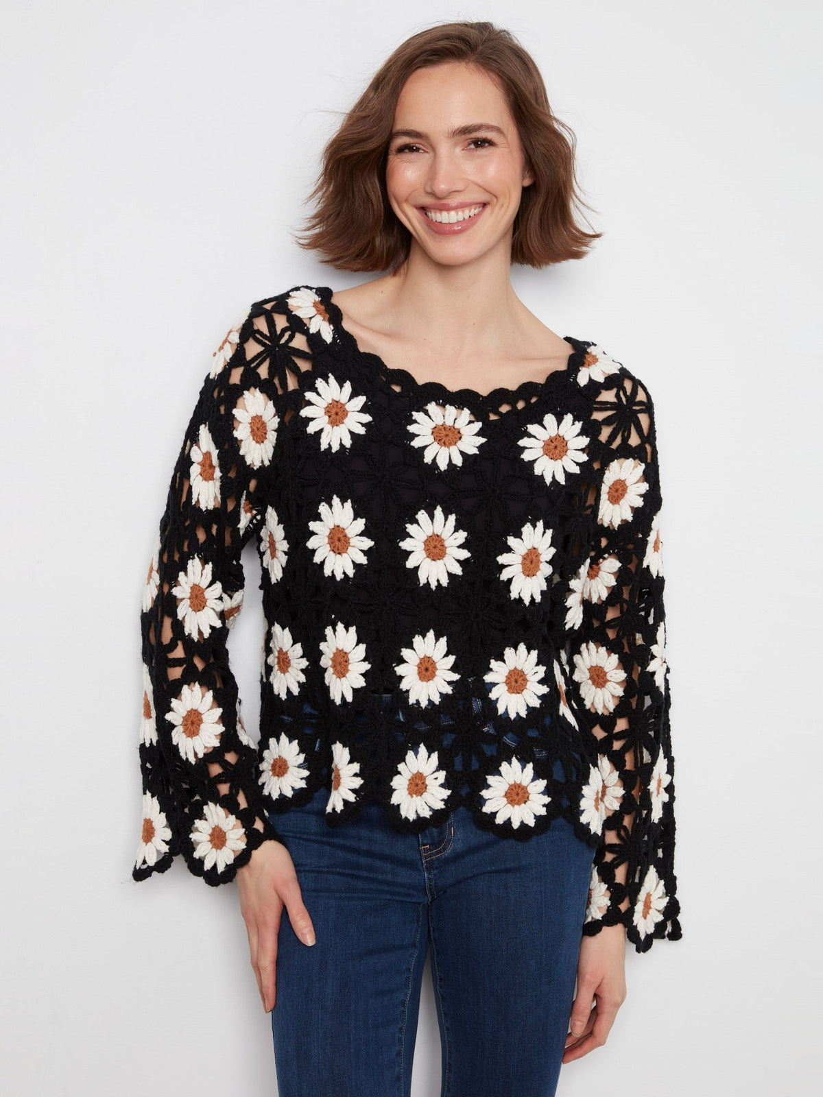 Floral Hand-Crochet Sweater - Black