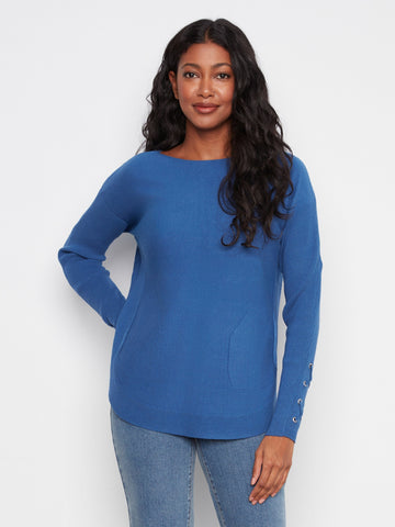 Knit Sweater With Lace-Up Cuffs - Cobalt
