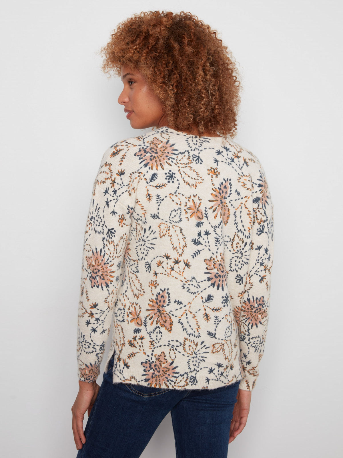Printed Plush Knit V-Neck Sweater - Snowflake