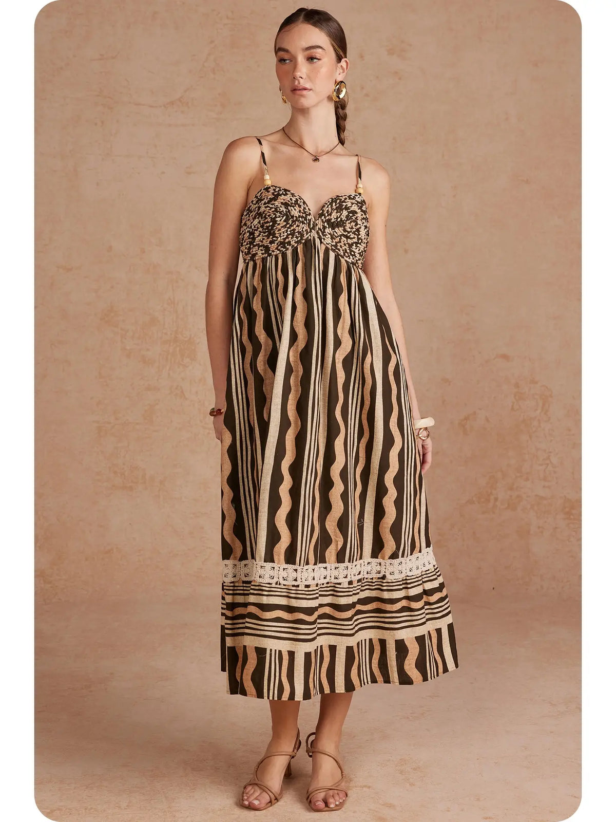ABSTRACT WAVY STRIPE PRINT BRAIDED BODICE MIDI DRESS